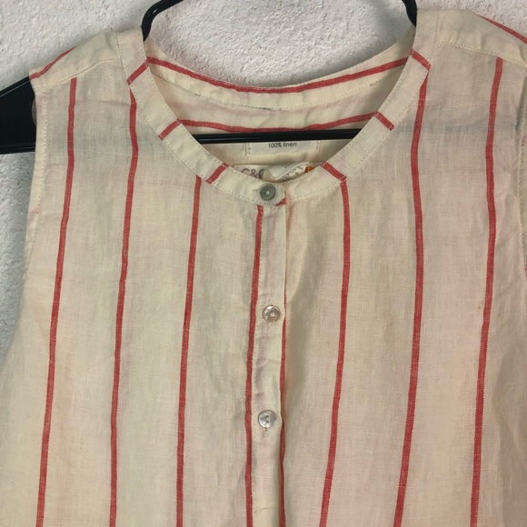 C&C Linen Striped Top Button Down Sleeveless Beige Red M - Picture 2 of 6